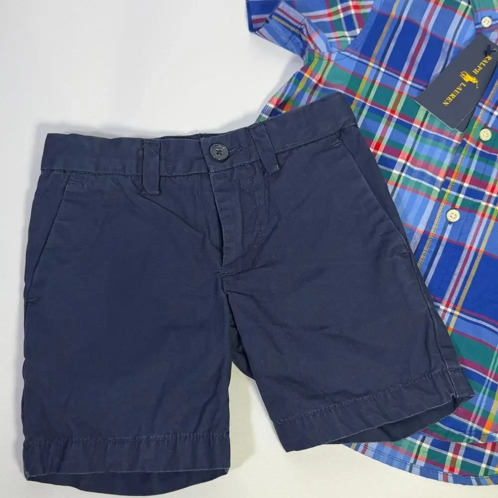 Ralph Lauren Boys 2T Plaid Button Down Shirt & Khaki Shorts Outfit Set NWT